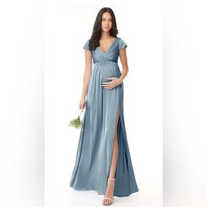 AZAZIE ALLESSIA A-Line Pleated Stretch Satin Floor-Length Dress Dusty Blue
